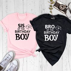 Get ready to celebrate the birthday bash of the year with our 'Sis Bro Of The Birthday Boy' collection! Elevate the party mood with our Family Matching Birthday Tshirt, designed to bring everyone together in style. Let your little one's special day shine even brighter with the perfect Birthday Party Shirt. And for the proud siblings, our Sister Matching Outfit and Bro of the Birthday Shirt add an extra layer of cheer. It's not just a party; It's a memory in the making. Join the fun and make this birthday one to remember. You can find other sizes of this shirt in the links below. By clicking on the link, you can go to the blank shirt page and write the design you want in the personalization section when ordering.  Women V-Neck Shirt and Women Tank Sizes: https://etsy.me/3KB9RKo Baby Bodysui Party T-shirt With Name Print And Crew Neck, Party Crew Neck T-shirt With Name Print, Graphic Tee With Screen Print For Birthday, Crew Neck Shirt With Screen Print For Birthday, Sis Bro, Birthday Boy Shirt, Perfect Birthday Party, Birthday Boy Shirts, Matching Outfit