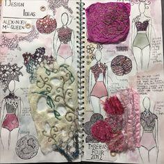 an open notebook with different designs and colors on the pages, including pinks and purples