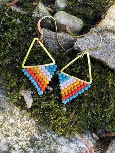 a pair of colorful earrings sitting on top of moss covered ground with rocks in the background