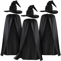 three black witches hats and cloaks with long tails on them, all facing the same direction