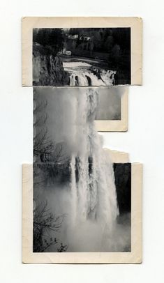 two photographs of waterfalls with trees in the background