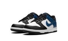 The Nike Dunk Low GS "Industrial Blue" is the youth sizing of the retro basketball sneaker featuring a white leather base with black and dark blue leather overlays.  Classic “Nike” branding is embroidered on the heel and printed on the tongue tag.  A white rubber midsole and black rubber outsole complete the look.  Release date: June 23, 2023 Nike Dunk Low Industrial Blue, Industrial Blue, Nike Branding, White Industrial, Retro Basketball, Streetwear Accessories, Nike Dunk High, Nike Brand, Air Jordan 3