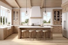 a large kitchen with lots of counter space and stools next to an island in the middle