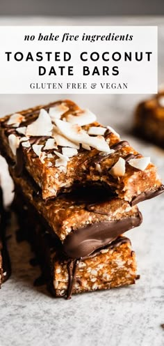 no bake chocolate coconut date bars stacked on top of each other