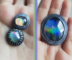 two different pictures of a person holding something in their hand, one with an opal and the other with a diamond