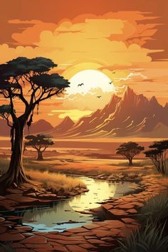 the sun is setting over an african landscape with trees and water in front of mountains