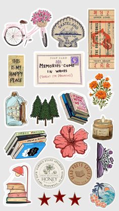 various stickers and decals are shown in this graphic style, including flowers, books, stamps, and other items