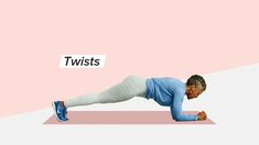 a man is doing push ups on a pink and white background with the words twists above him