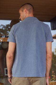 Made from our mid-weight heritage jersey for comfort and durability. With its stylish polo design and short sleeves, this shirt is perfect for any casual occasion. The pigment dyed fabric gives it a vintage look, while the no button placket provides a sleek, simple feel. Velvet Tees, Polo Design, Cami Shirt, Linen Shop, Sweater Sale, Romper Dress, Cotton Polo, Dyed Fabric, Jacket Sale