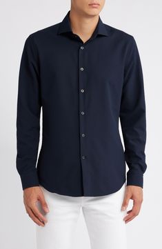 A handsome shade of navy blue colors this staple shirt designed with a neat spread collar. Front button closure Spread collar Long sleeves with button cuffs 100% polyester Machine wash, line dry Imported Navy Button-up Shirt For Semi-formal Occasions, Navy Business Top With Spread Collar, Navy Formal Tops With Button Closure, Navy Tops With Button Closure For Business Casual, Navy Tops With Button Closure For Formal Occasions, Navy Button-up Business Casual Shirt, Classic Navy Shirt With Button Closure, Navy Collared Shirt For Formal Occasions, Formal Navy Shirt With Button Closure