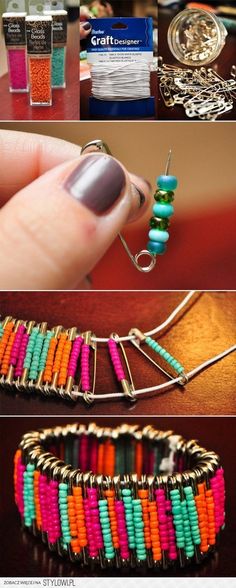 four pictures showing different types of bracelets with beads on them, and the instructions for how to make one