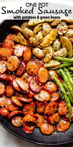 a skillet filled with potatoes and green beans