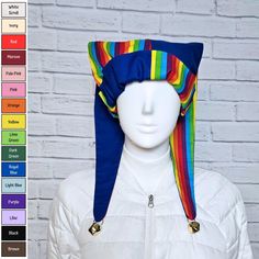 ** ORDERS WILL SHIP IN 4 WEEKS ** Jester / harlequin hat in rainbow stripe and your choice of solid color. Gold color jingle bells on the ends.  Request different bell color at checkout. Hat is about 23 inches long from brim to ends. Made from 100% cotton, so it's lightweight and cool. Machine washable (though you may want to remove the bells first). Small fits head sizes 18" to 20". Medium fits head sizes 21" to 24". Large fits head sizes 25" to 26". Feel free to ask about other colors you don' Playful Multicolor Cotton Hats, Fitted Multicolor Cotton Hats, Skull Cap Beanie, Skull Cap, Jingle Bells, Rainbow Stripes, Hat Sizes, Custom Color, Caps Hats