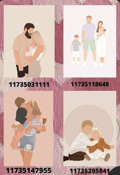 the family is depicted in four different pictures, each with their child's birth date