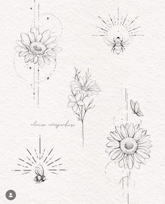 some drawings of sunflowers and bees on white paper with the words, i love you