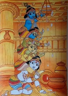 Mural Painting Kerala Krishna, Kerala Mural Art Krishna, Krishna Mural Painting, Human Pyramid, Split Image, Indian Traditional Paintings, Mural Paintings