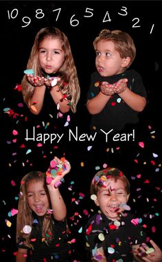 two young children celebrating new year with confetti