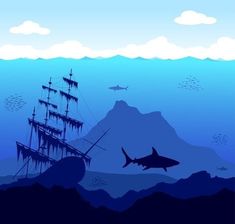 an image of a ship in the ocean with sharks and fish swimming around it's sails