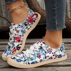 Trendy Flower & Butterfly Pattern Canvas Sneakers - Comfortable Lace U Casual Low-top Sneakers With Floral Print, Casual Low-top Floral Print Sneakers, Casual Floral Print Lace-up Canvas Shoes, Casual Floral Print Low-top Sneakers, Textile Low-top Sneakers With Floral Print, Lace Up Flats, Trendy Flowers, Canvas Sneakers, Butterfly Pattern