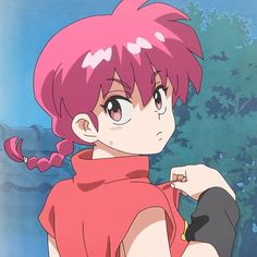 an anime character with pink hair wearing a red shirt and black gloves, looking off to the side