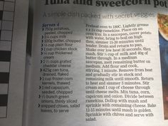 a newspaper article about tuna and sweetcori pot pie