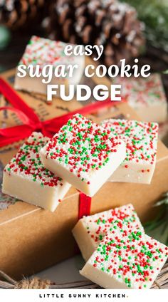 easy sugar cookie fudge recipe with christmas sprinkles and pine cones in the background