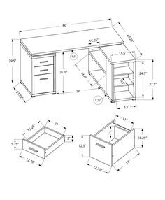 the drawing shows an office desk with drawers and shelves, as well as measurements for each drawer