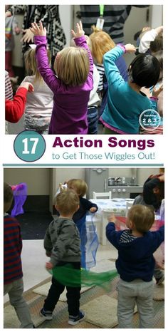 children are standing in front of a table with their hands up and the words 17 action songs to get those wiggles out