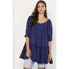 Free People Women Mystery Land Tunic Top Round Neck Peplum Hem Blue Size Xs New New With Tags Condition - Mystery Land, Tunic Top, Round Neck, Peplum Hem Blue Ruffled Relaxed Fit Top, Indigo Blouse For Summer, Blue Cotton Blouse For Brunch, Relaxed Fit Blue Blouse For Brunch, White Tunic Shirt, Long Tunic Tops, Floral Print Tunic, Printed Tunic Dress, Ruffled Tunic