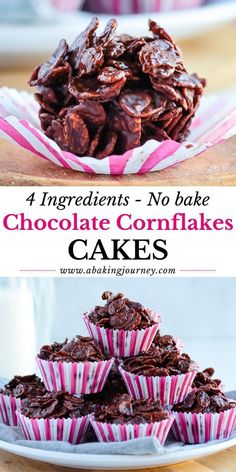 chocolate cornflakes stacked on top of each other with the words, 4 ingredients - no bake chocolate cornflakes