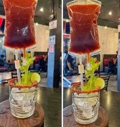 two shots of food in a glass vase