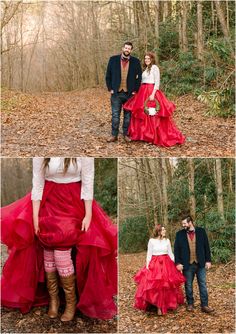 a man and woman standing in the woods wearing long red dresses with ruffles