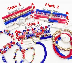 "Our bracelet stacks are perfect for your 4th of July or Memorial Day attire! Red, white, blue + gold stacks ❤️ *Bracelets are all stretch + separate pieces. *Bracelets are \"one size fits most\" + are designed to fit wrists up to 7-7.5\" comfortably. *Lead + Nickel Free *Please be aware that due to the unique + handmade nature of each product, colors, shapes + bead sizes may vary slightly from the photos and descriptions." Fourth Of July Jewelry, Patriotic Beaded Bracelets With Colorful Beads As Gift, 4th Of July Bracelets, Usa Bracelet, Red White And Blue Bracelets, Patriotic Beaded Bracelets For Gifts, Handmade Patriotic Beaded Bracelets For 4th Of July, 4th July Braclets, Patriotic Multicolor Beaded Bracelets For 4th Of July