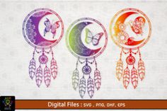 three colorful dream catchers with butterflies on them and the moon in the middle is surrounded by feathers