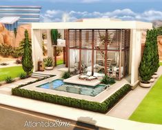 a rendering of a modern house with a pool in the front yard and landscaping around it