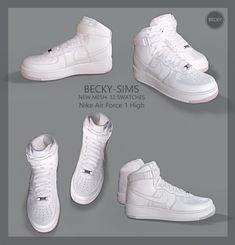 four different views of the same pair of white nike high - top sneakers, all in three different angles