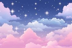 the sky is full of stars and clouds with pinkish hues, as well as white fluffy clouds