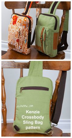 two bags sitting on top of a chair next to each other with the words kenzie cross body sling bag pattern