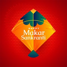 happy makar sanki greeting card with colorful kite on red and yellow halftone background