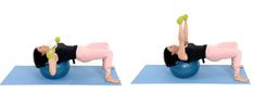 a woman is doing exercises on an exercise ball while holding a green apple in her hand