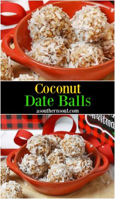 coconut date balls in a red bowl with text overlay