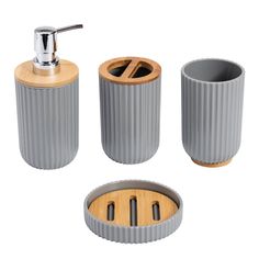 three piece bathroom accessory set with soap dispenser and toothbrush holder in grey