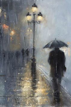 People With Umbrellas Rainy Days, Rainy Sky Painting, Painting Shadows And Light, How To Paint Rain, Rainy Night Painting, Rainy Painting, Umbrella In Rain, Cold Painting, Rainy Day Painting