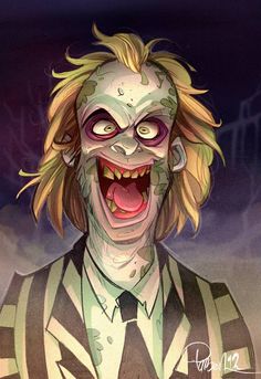 an evil clown with his mouth open and tongue out, wearing a striped shirt and tie