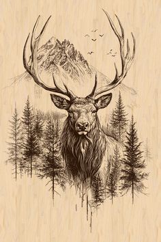 a drawing of a deer in the woods with mountains and trees behind it on a wooden background