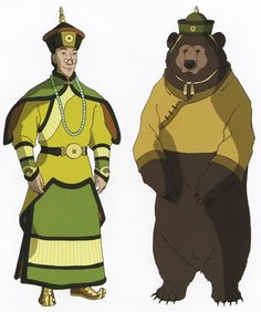 two cartoon bears dressed in costumes standing next to each other