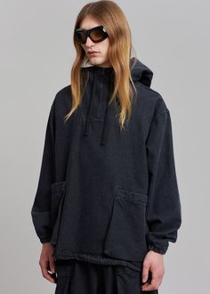 Cliff Denim Anorak - Black Jacket Farmers Market Hooded Denim Hoodie With Pockets, Denim Hooded Hoodie With Pockets, Denim Hoodie With Pockets, Denim Hoodie With Pockets For Streetwear, Casual Hooded Jacket With Drawstring For Streetwear, Casual Denim Hoodie With Pockets, Oversized Denim Hoodie With Pockets, Black Hooded Jacket With Pockets And Relaxed Fit, Black Relaxed Fit Hooded Jacket With Pockets