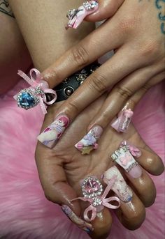 #fashion #pinkcore #coquette #2000sfashion #2000saesthetics #girlblogger #coquetteaesthetic #dollettecore #princess #moots #f4follow #Sanrio #aesthetic #justgirlythings #justagirl Kawaii Junk Nails, Y2k Junk Nails, Gyaru Nails Long, Trashy Nails, Gem Nails, Really Cute Nails, Kawaii Nails