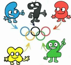 four different colored cartoon characters in front of the olympic rings