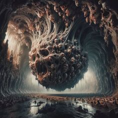 an image of the inside of a cave filled with skulls and other things in it